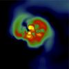 Simulation der Entstehung der ersten Sterne mit sehr schneller Eigendrehung.
Bild: A. Stacy, University of Texas). Bild adaptiert aus Stacy et al, 2011, MNRAS 413,1, 543.