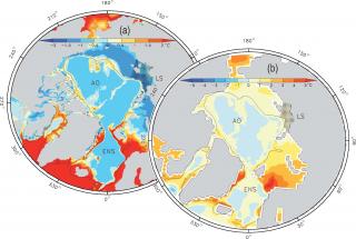 Karte der Ozeantemperaturen am Meeresboden heute und in 100 Jahren.
Grafik: Biastoch et al., IFM-GEOMAR