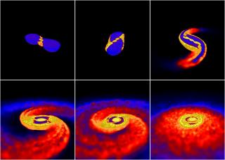 Simulationssequenz der ersten 11 Millisekunden einer Kollision von zwei Neutronensternen; die Farben sind ein Maßstab für die Stärke der Magnetfelder, wobei blau die geringste Stärke (10^9 Gauss) und gelb die größte Stärke (10^15 Gauss) anzeigt.
