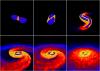 Simulationssequenz der ersten 11 Millisekunden einer Kollision von zwei Neutronensternen; die Farben sind ein Maßstab für die Stärke der Magnetfelder, wobei blau die geringste Stärke (10^9 Gauss) und gelb die größte Stärke (10^15 Gauss) anzeigt.