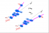 Abbildung: Dissoziation eines Deuterium-Moleküls: unter dem Einfluss eines Femtosekundenpulses (rote Kurve) beginnt die Elektronenwolke (blau) zwischen den Atomkernen (grau) hin und her zu schwingen (lilafarbene Kurve). Nach einer festgelegten Zeit zerfällt das Molekül in ein D+-Ion und ein neutrales D-Atom. 
Grafik: AMOLF/MPQ 
